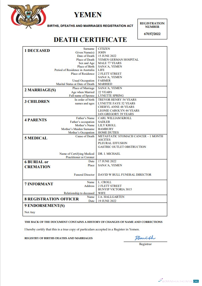 Download Yemen death certificate Word and PDF template Photoshop template